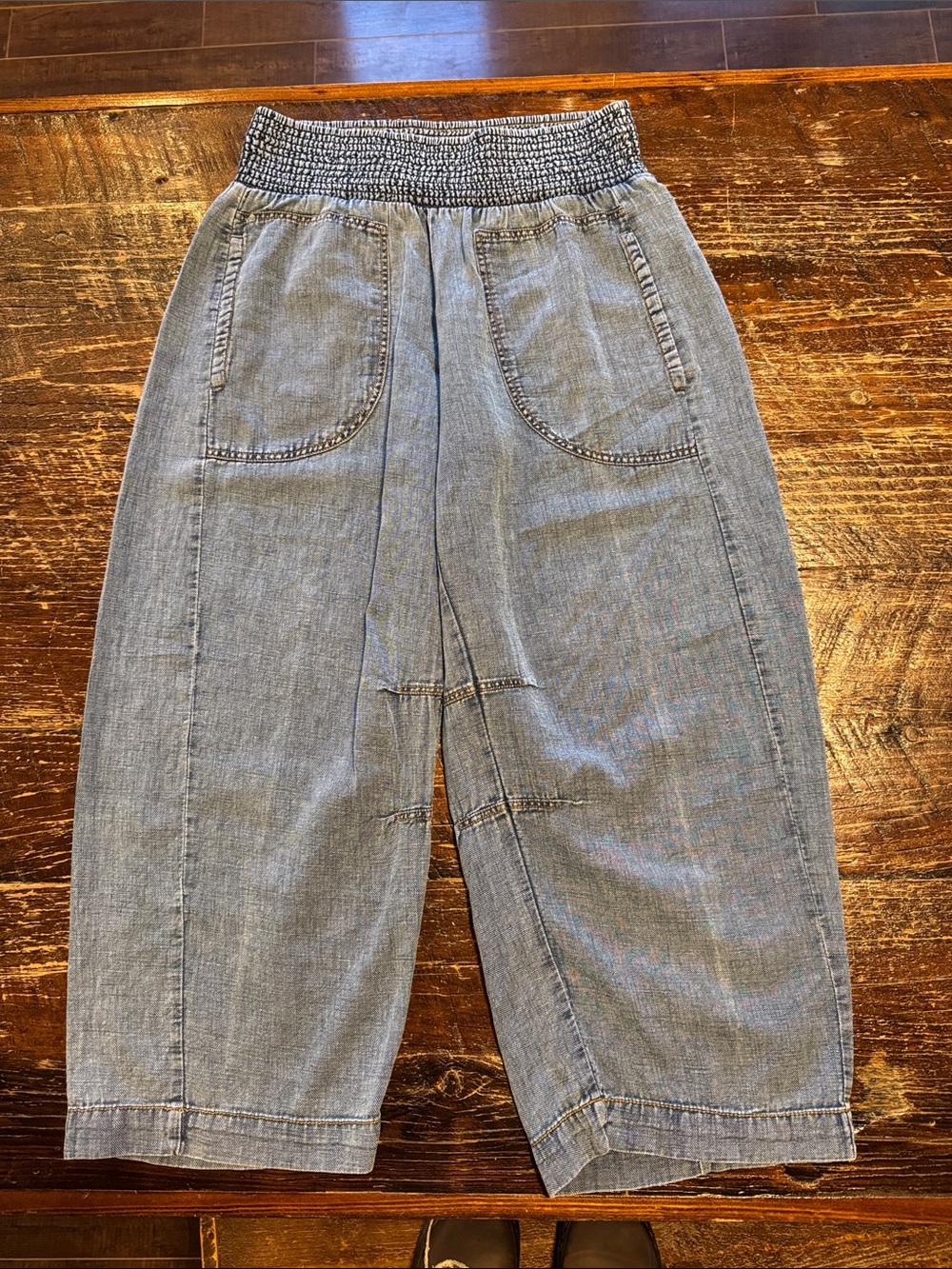 Pilcro Wide-Leg Chambray Pants in Light Blue with Smocked Waist